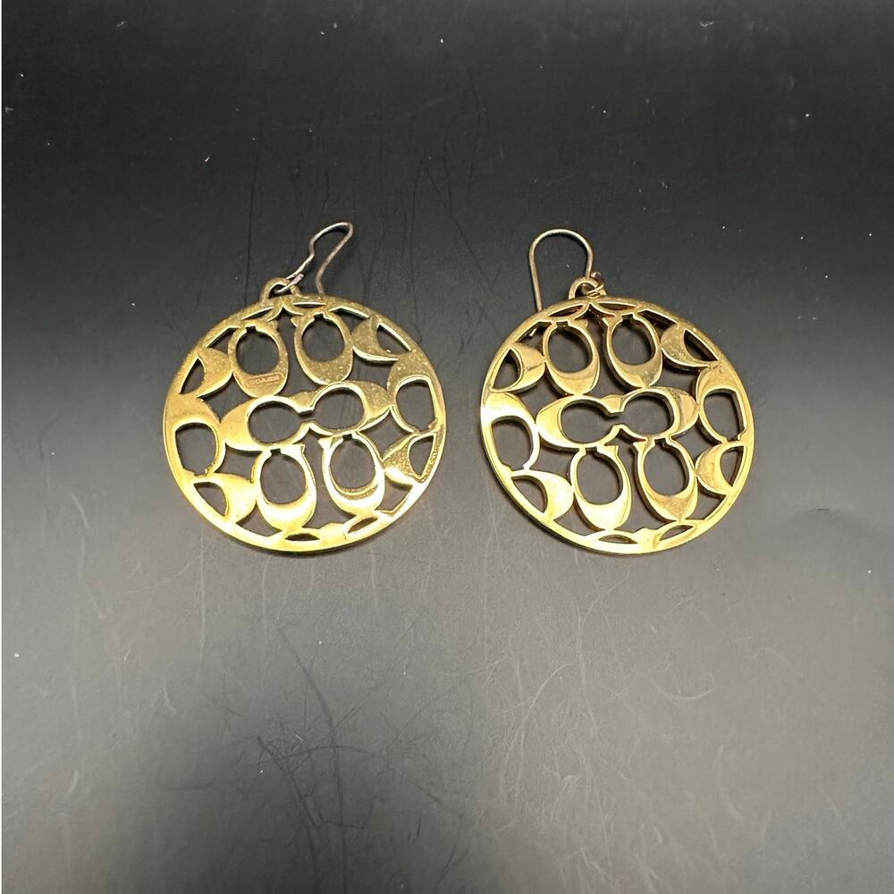 Coach C Logo Disc Drop Round Earring Signature Gold tone Designer Jewelry
